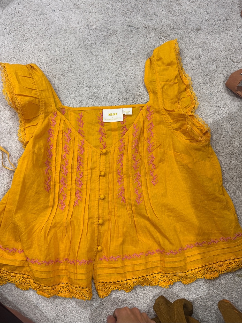 Maeve Golden Yellow Embroidered Flutter-Sleeve Blouse
